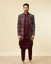 Manyavar Men Mauve Wine Self Patterned Indo Western Set