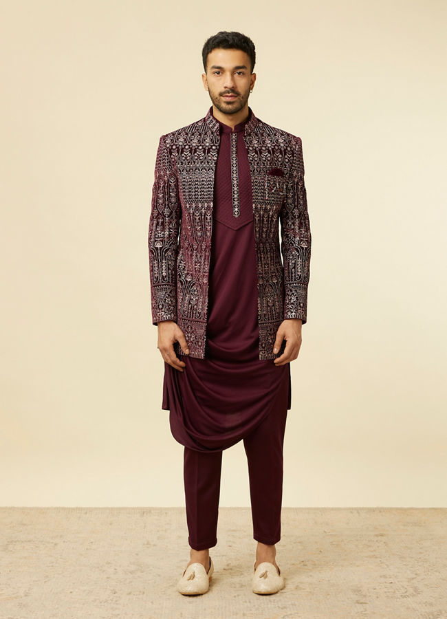 alt message - Manyavar Men Mauve Wine Self Patterned Indo Western Set image number 3