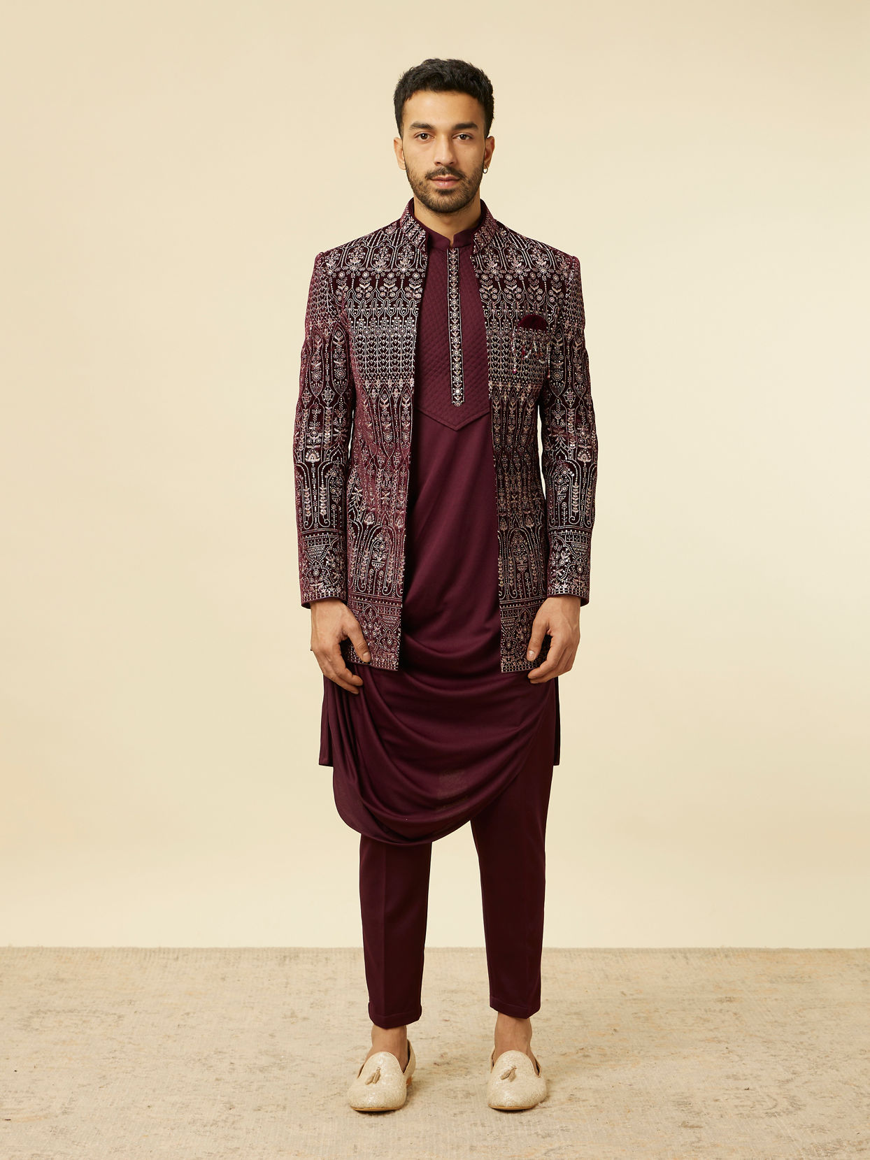 alt message - Manyavar Men Mauve Wine Self Patterned Indo Western Set image number 3