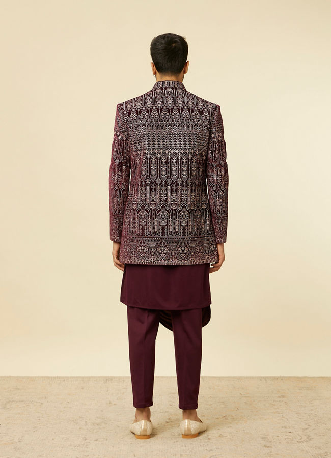 alt message - Manyavar Men Mauve Wine Self Patterned Indo Western Set image number 5