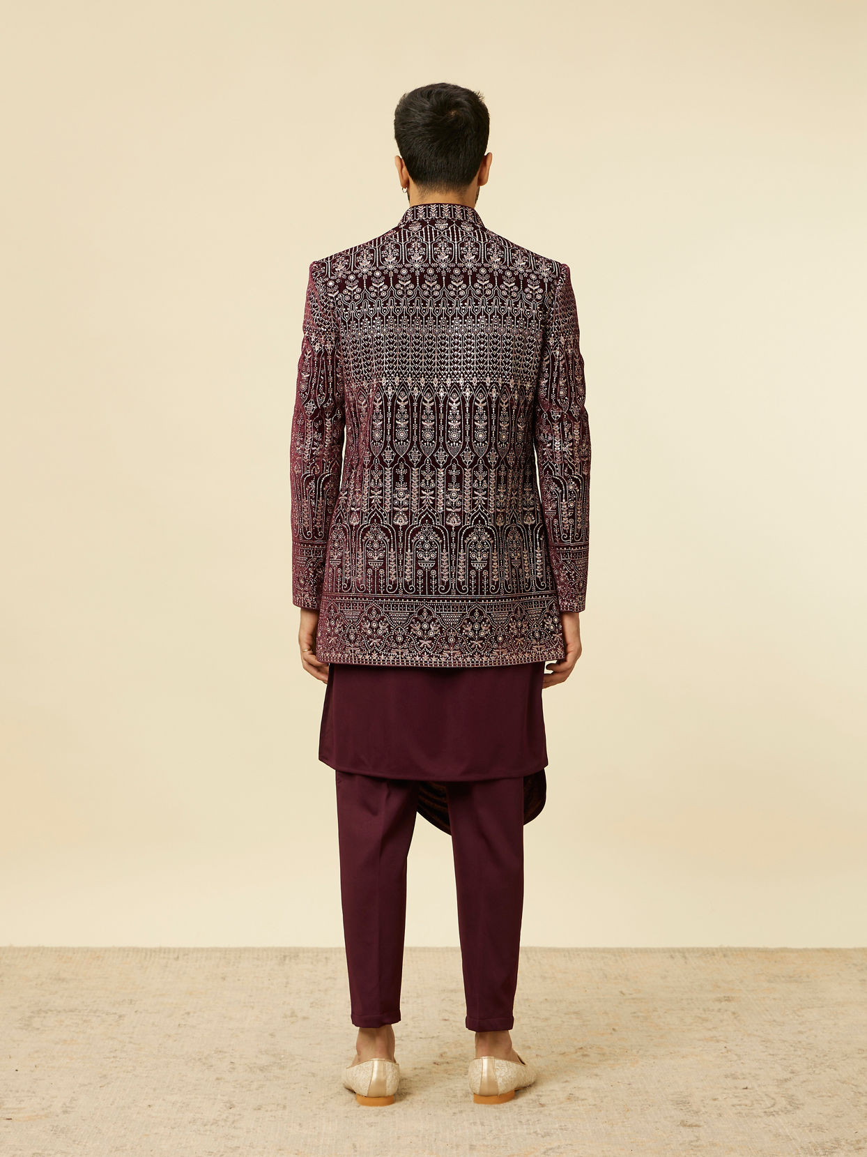 alt message - Manyavar Men Mauve Wine Self Patterned Indo Western Set image number 5