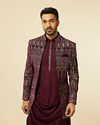 alt message - Manyavar Men Mauve Wine Self Patterned Indo Western Set image number 0