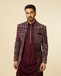 Manyavar Men Mauve Wine Self Patterned Indo Western Set