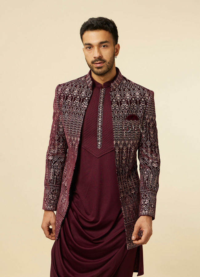 alt message - Manyavar Men Mauve Wine Self Patterned Indo Western Set image number 0