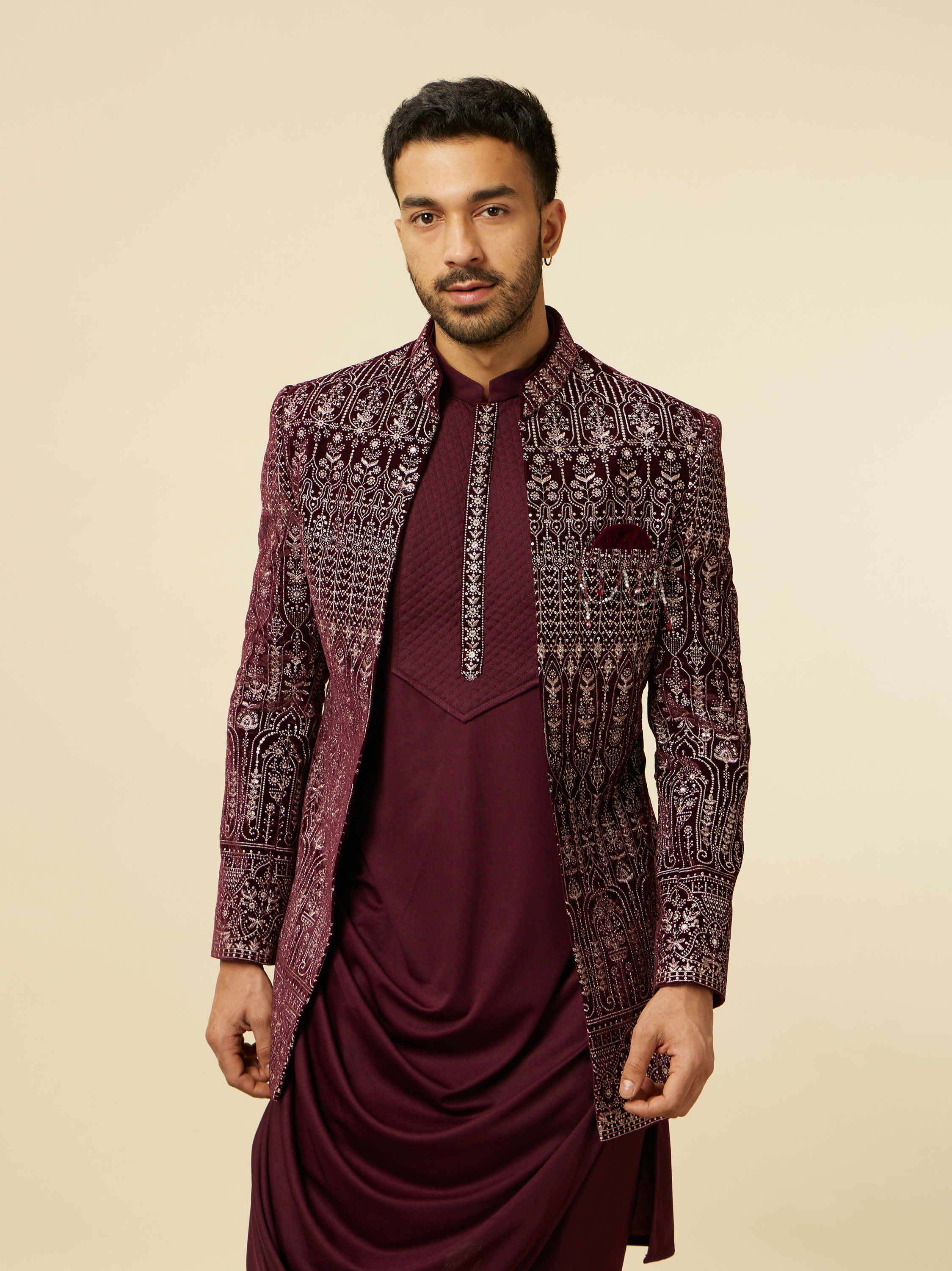 Manyavar Men Mauve Wine Self Patterned Indo Western Set