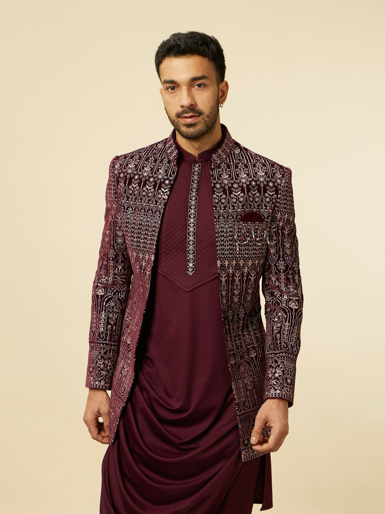 alt message - Manyavar Men Mauve Wine Self Patterned Indo Western Set image number 0