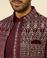 Manyavar Men Mauve Wine Self Patterned Indo Western Set