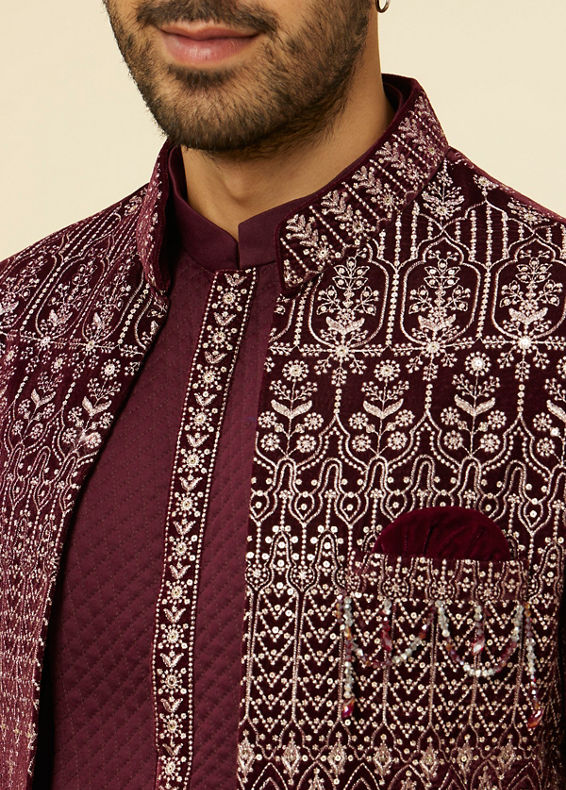 Manyavar Men Mauve Wine Self Patterned Indo Western Set