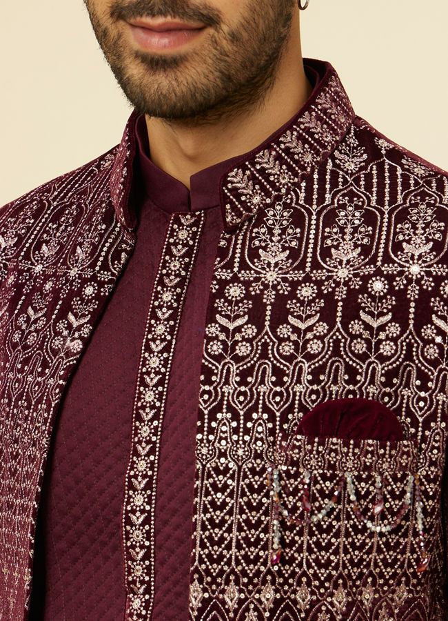 alt message - Manyavar Men Mauve Wine Self Patterned Indo Western Set image number 1