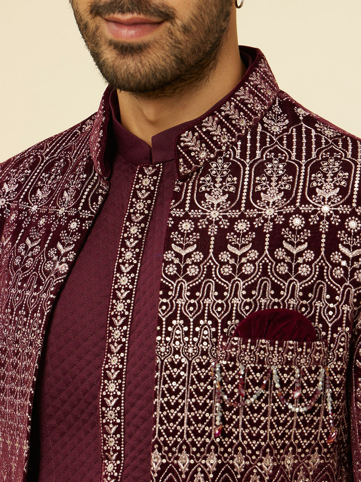 alt message - Manyavar Men Mauve Wine Self Patterned Indo Western Set image number 1