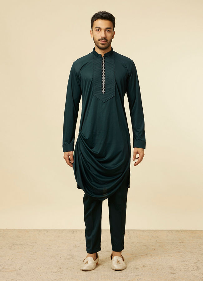 Manyavar Men Teal Blue Draped Self Patterned Indo Western Set