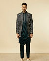 alt message - Manyavar Men Teal Blue Draped Self Patterned Indo Western Set image number 3