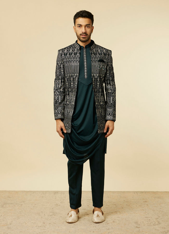 alt message - Manyavar Men Teal Blue Draped Self Patterned Indo Western Set image number 3