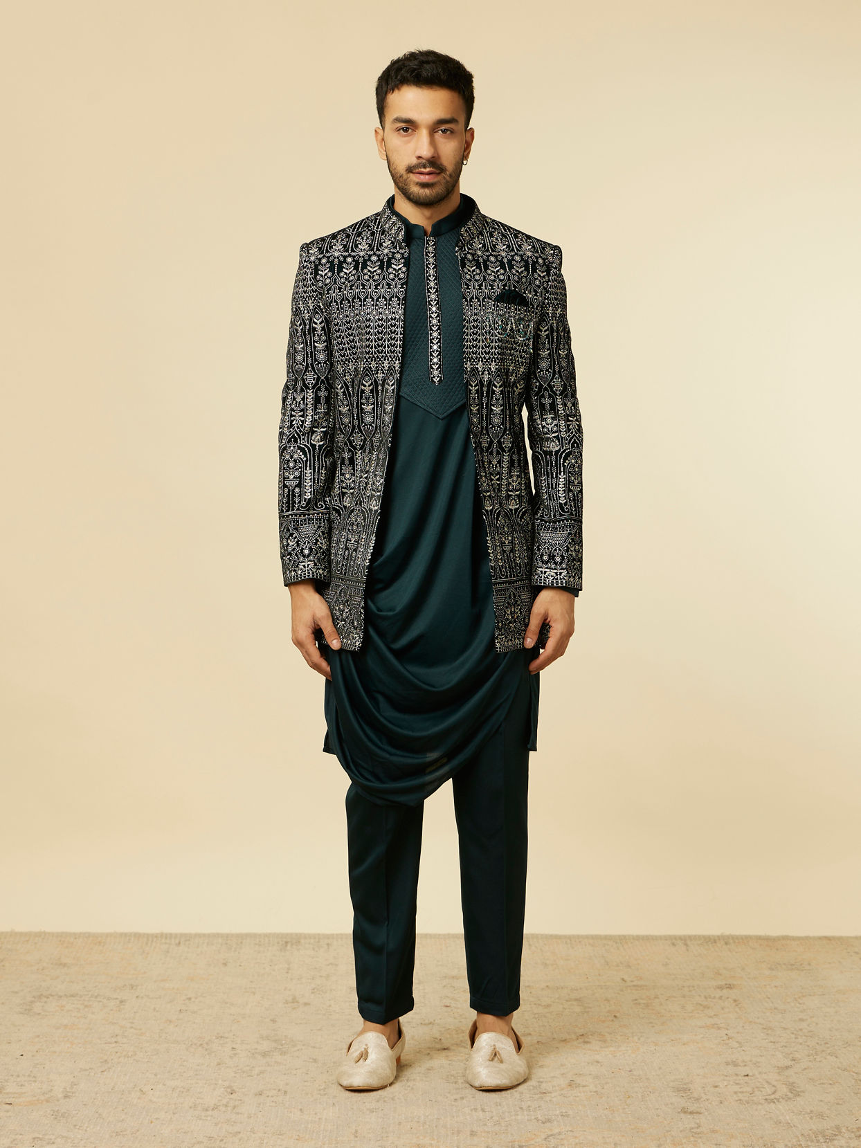 alt message - Manyavar Men Teal Blue Draped Self Patterned Indo Western Set image number 3