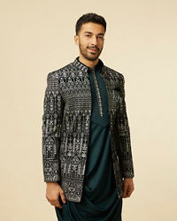 Manyavar Men Teal Blue Draped Self Patterned Indo Western Set