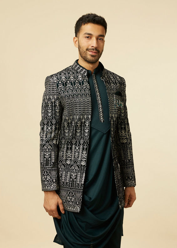 Manyavar Men Teal Blue Draped Self Patterned Indo Western Set