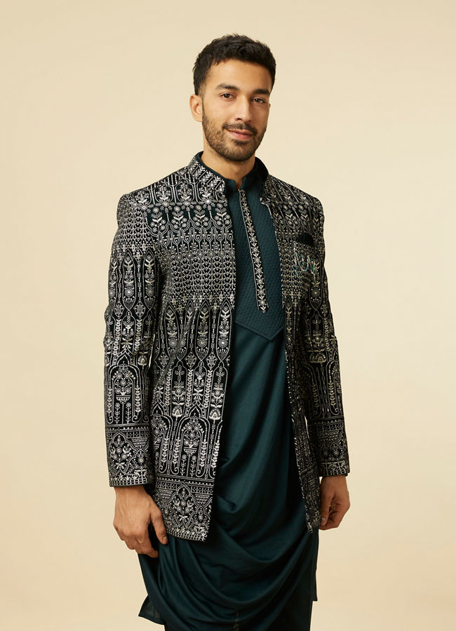 alt message - Manyavar Men Teal Blue Draped Self Patterned Indo Western Set image number 0