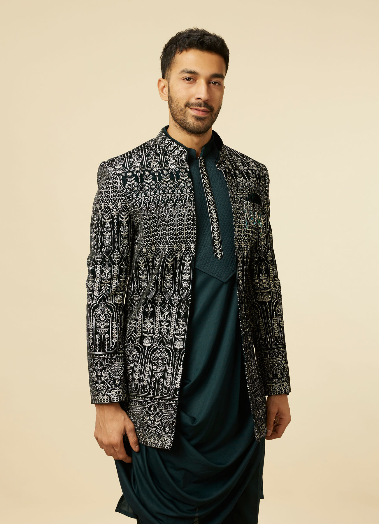 Manyavar Men Teal Blue Draped Self Patterned Indo Western Set