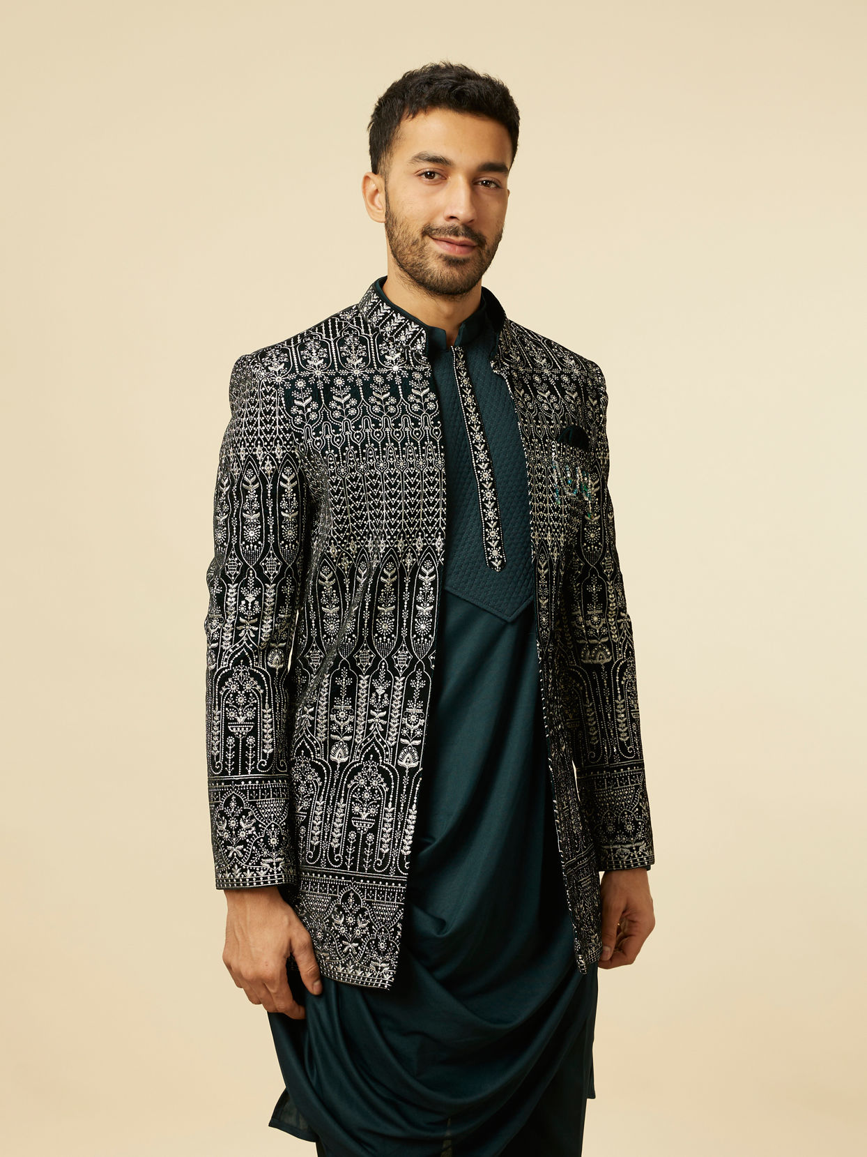 alt message - Manyavar Men Teal Blue Draped Self Patterned Indo Western Set image number 0