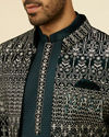 alt message - Manyavar Men Teal Blue Draped Self Patterned Indo Western Set image number 1