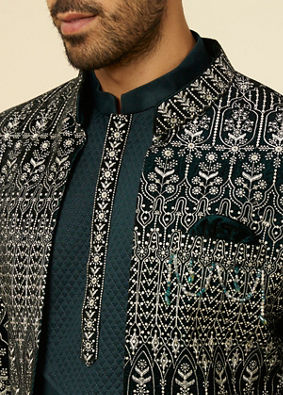 Manyavar Men Teal Blue Draped Self Patterned Indo Western Set