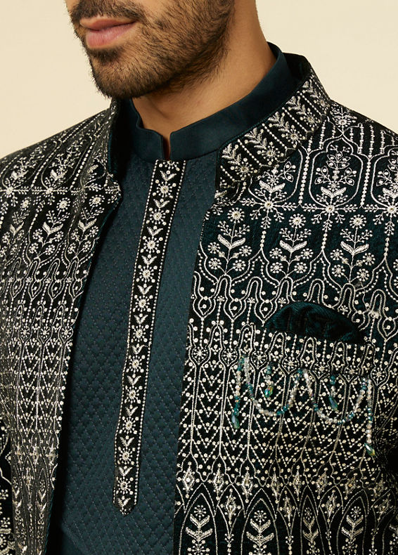 Manyavar Men Teal Blue Draped Self Patterned Indo Western Set