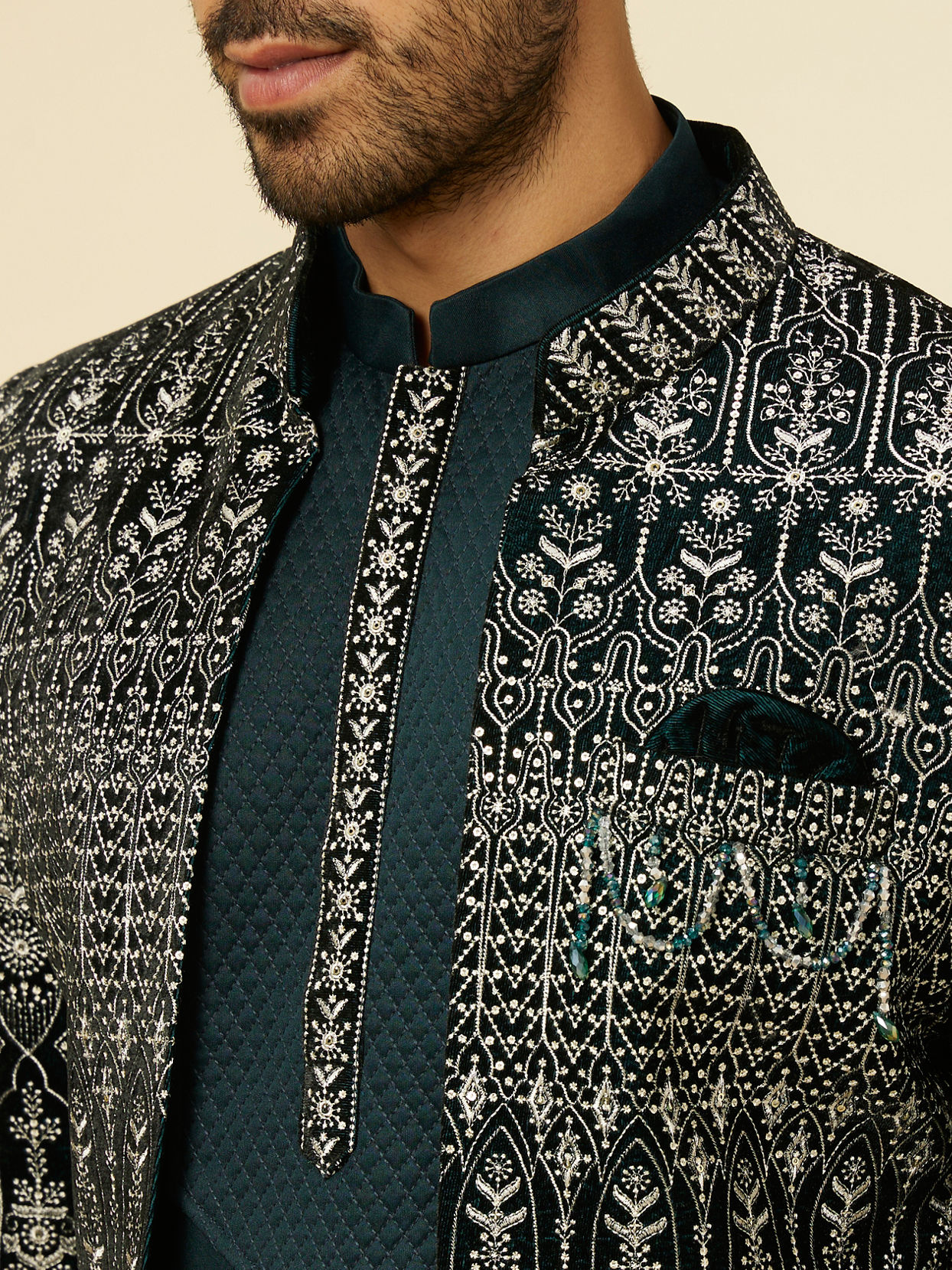 alt message - Manyavar Men Teal Blue Draped Self Patterned Indo Western Set image number 1