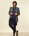 alt message - Manyavar Men Dark Blue Self Patterned Indo Western Set image number 3