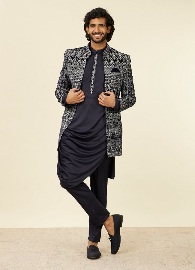 Manyavar Men Dark Blue Self Patterned Indo Western Set