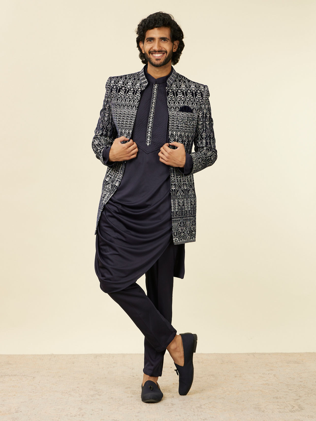 alt message - Manyavar Men Dark Blue Self Patterned Indo Western Set image number 3