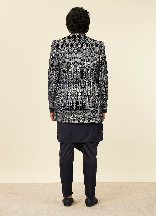 Manyavar Men Dark Blue Self Patterned Indo Western Set