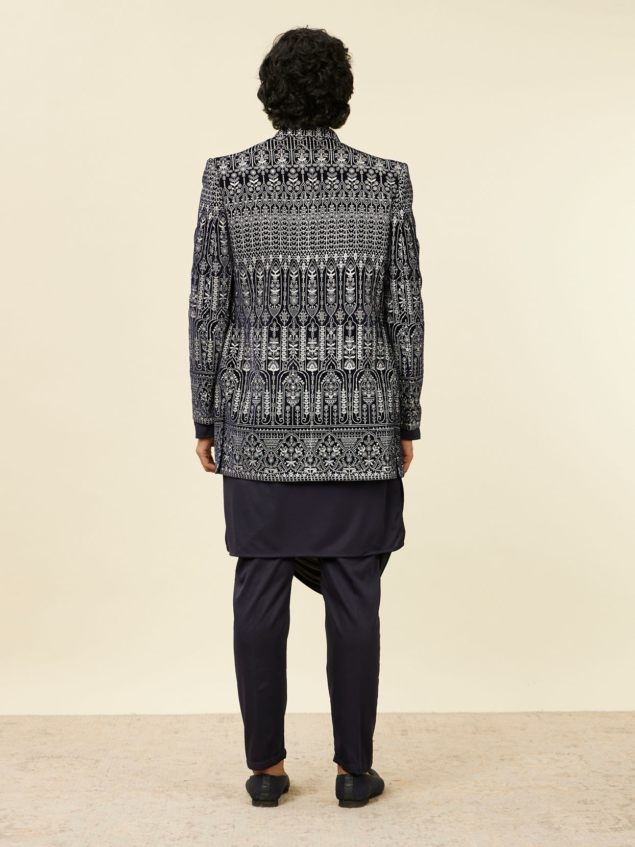 Manyavar Men Dark Blue Self Patterned Indo Western Set