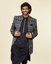 alt message - Manyavar Men Dark Blue Self Patterned Indo Western Set image number 0