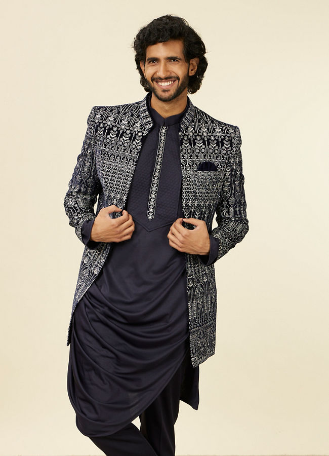 alt message - Manyavar Men Dark Blue Self Patterned Indo Western Set image number 0