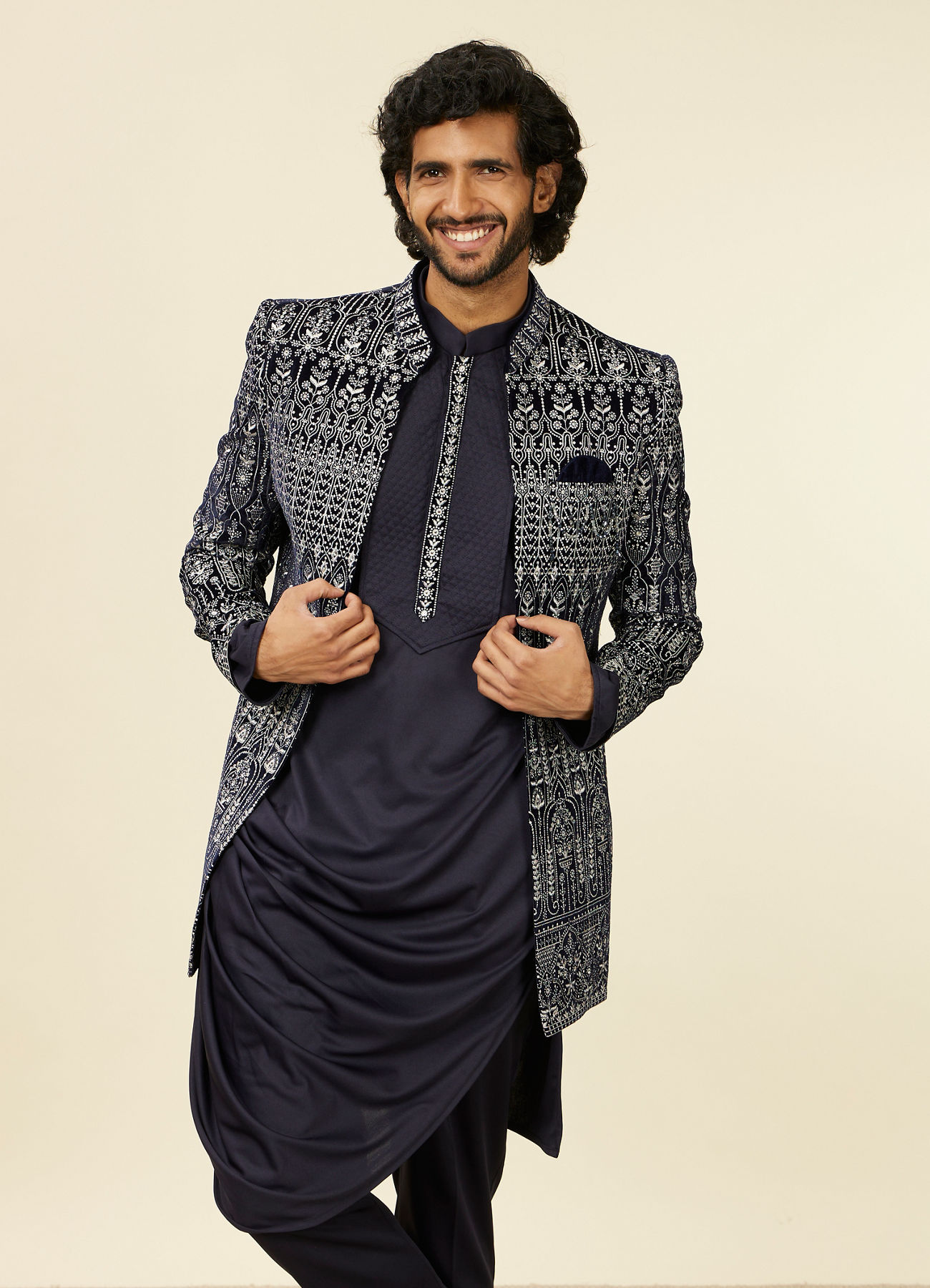 Manyavar Men Dark Blue Self Patterned Indo Western Set