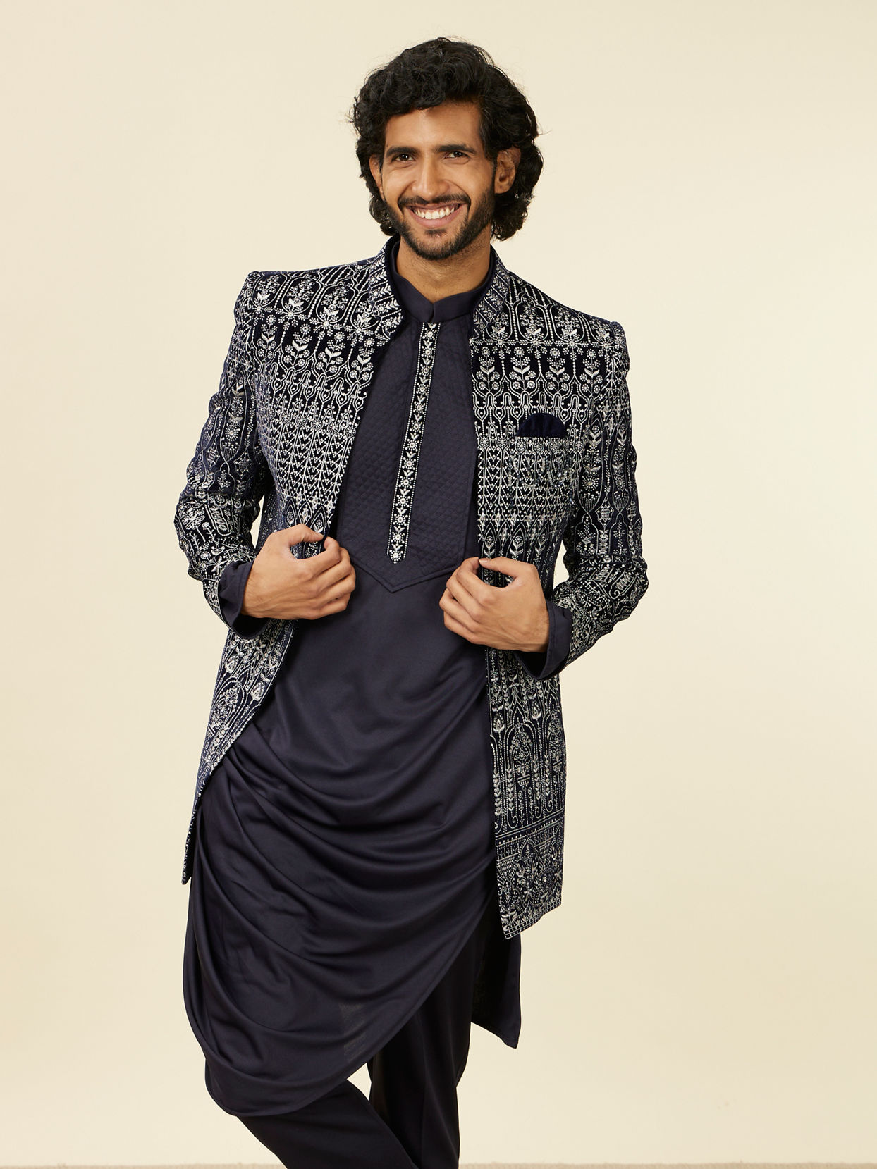 alt message - Manyavar Men Dark Blue Self Patterned Indo Western Set image number 0