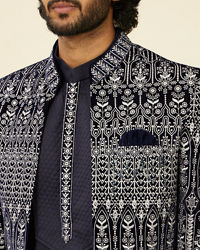 Manyavar Men Dark Blue Self Patterned Indo Western Set