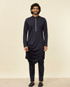 Manyavar Men Dark Blue Self Patterned Indo Western Set