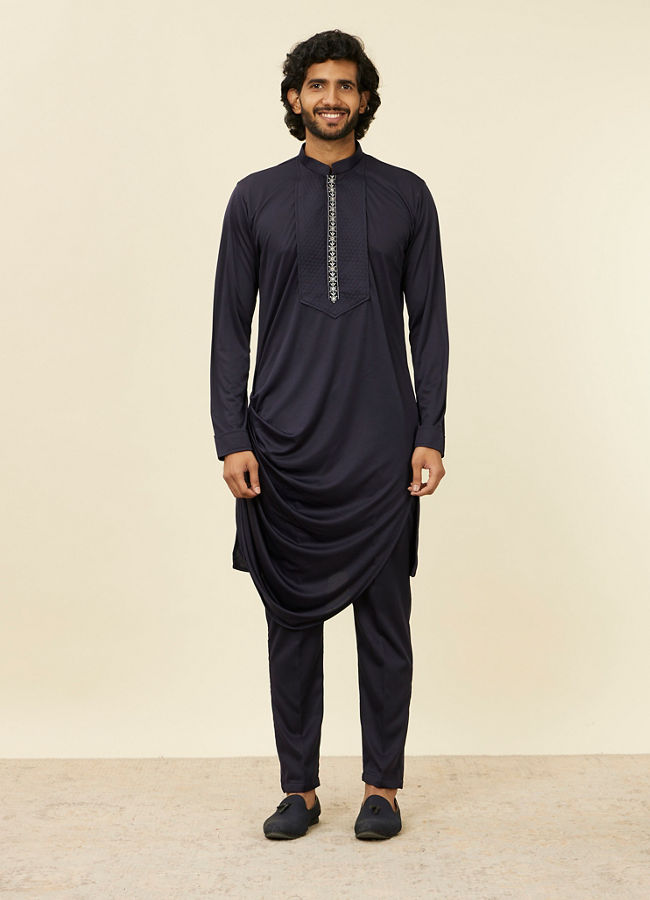 Manyavar Men Dark Blue Self Patterned Indo Western Set