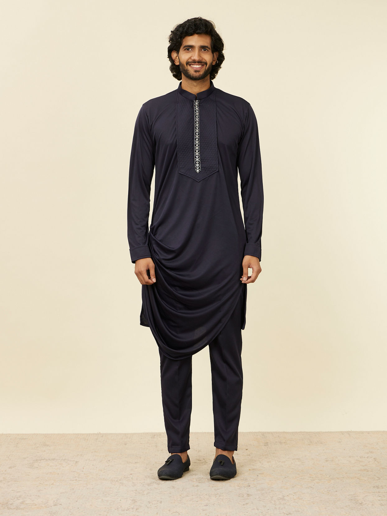 Manyavar Men Dark Blue Self Patterned Indo Western Set
