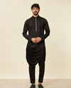 Manyavar Men Deep Black Self Patterned Indo Western Set