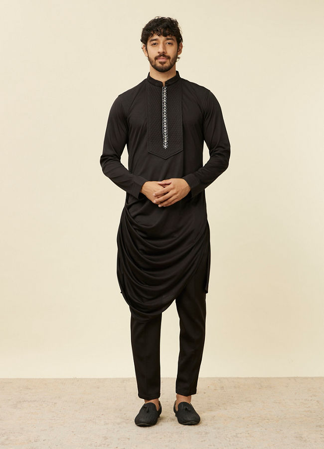 alt message - Manyavar Men Deep Black Self Patterned Indo Western Set image number 2