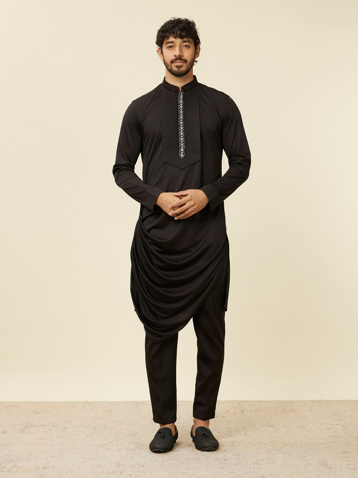 Manyavar Men Deep Black Self Patterned Indo Western Set