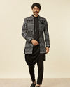Manyavar Men Deep Black Self Patterned Indo Western Set