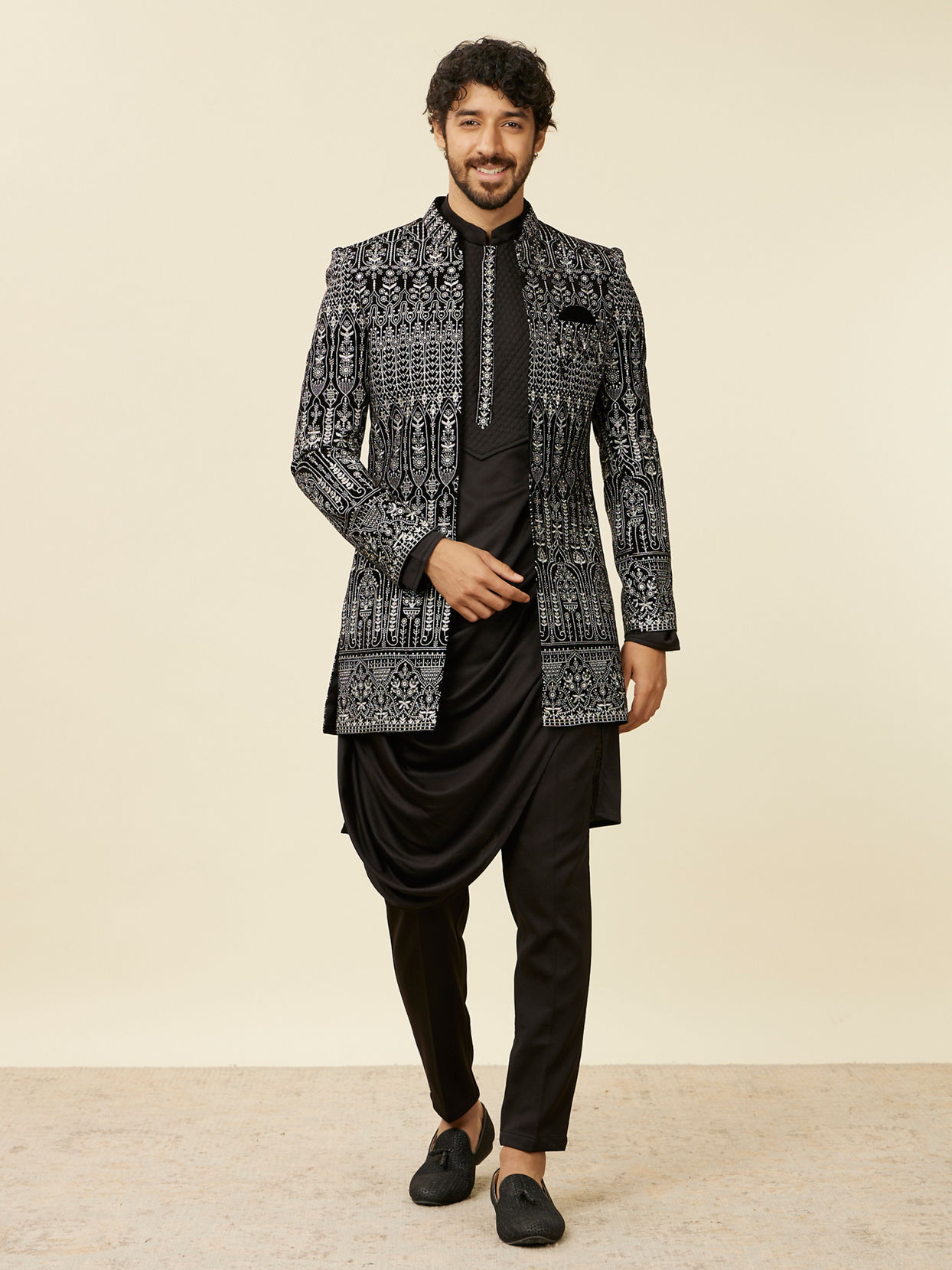 Manyavar Men Deep Black Self Patterned Indo Western Set