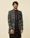 alt message - Manyavar Men Deep Black Self Patterned Indo Western Set image number 0