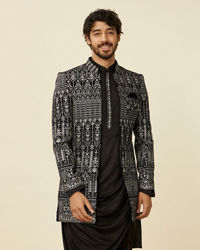 Manyavar Men Deep Black Self Patterned Indo Western Set