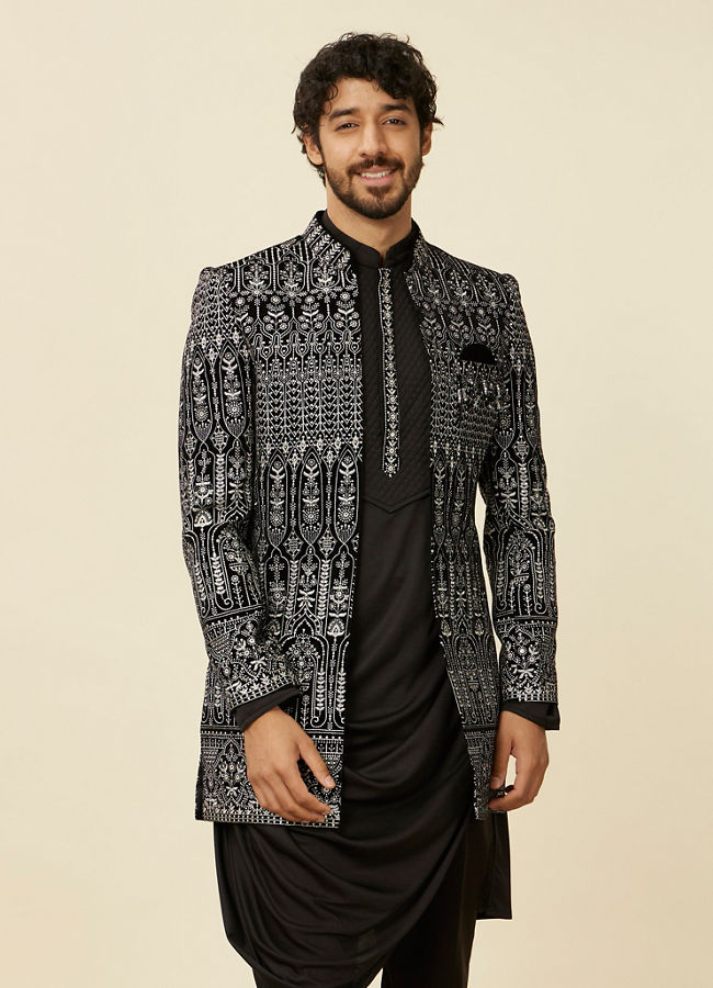 alt message - Manyavar Men Deep Black Self Patterned Indo Western Set image number 0