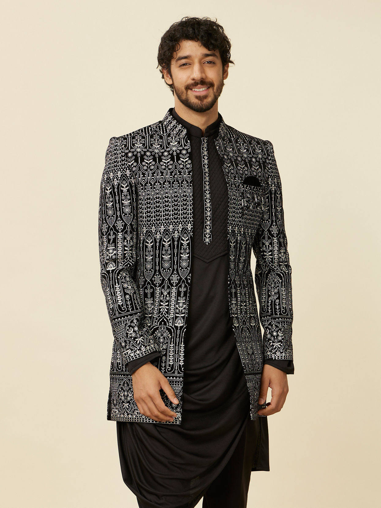 alt message - Manyavar Men Deep Black Self Patterned Indo Western Set image number 0