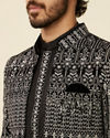 Manyavar Men Deep Black Self Patterned Indo Western Set